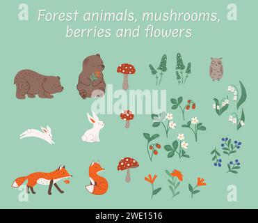 Vektor-Clip-Art-Set, Waldtiere, Pilze und Waldbeeren. Vektorabbildung Stock Vektor