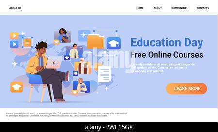 Mix-Race-Schüler sehen sich kostenlose Online-Kurse am Laptop-Schulungstag an, Live-Webinar-e-Learning-Konzept Stock Vektor
