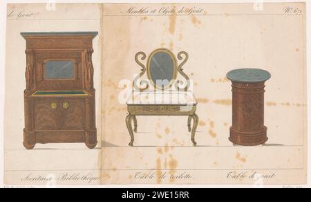 Sekretärin und zwei Tische, Anonym, 1801 - 1831 Druckentwürfe für eine Sekretärin, einen Toilettentisch und einen Nachttisch. Drucknummer 671. Paris-Papier-Gravur-Schreibtisch, Schreibtisch. Tabelle Stockfoto