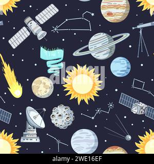Nahtloses Muster mit Sternen, Planeten und Satelliten im Kosmos. Cartoondruck mit Raumelementen, Vektorillustration. Stock Vektor