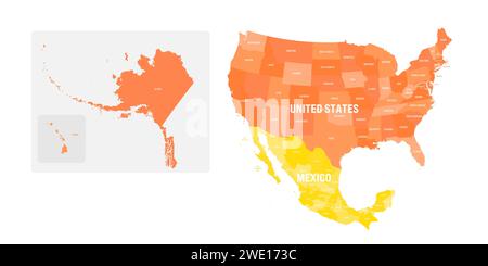 Politische Landkarte der Vereinigten Staaten und Mexikos mit Verwaltungsabteilungen. Farbenfrohe Karte mit Namensschildern für Länder und bundesstaaten. Vektorabbildung Stock Vektor