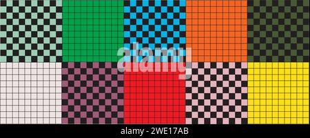 Set mit karierten Hintergrundbeispielen. Muster mit Farbquadraten. Checherboard- oder Schachbretttexturen im Retro-Stil der 60er Jahre 70er Jahre 80er Jahre 90er Jahre. Vintage Stock Vektor