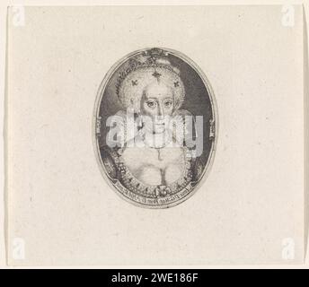 Porträt von Anna van Denmark, Simon van de Passe, 1800–1899 Druckmedaillon mit dem Porträt von Anna van Dänemark, Königin von England. Unter dem Porträt Name und Funktion der porträtierten Person in lateinischer Sprache, im Spiegelbild. Auf der Rückseite der Medaille das Wappen der dargestellten Person. Londoner Papierstich Stockfoto