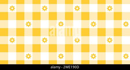 Gingham-Muster mit Blumen. Karierter Hintergrund mit gelben und weißen Quadraten. Frühling oder Sommer Tischdecke, Serviette, Handtuch oder Taschentuch. Papier wird eingewickelt oder verschrottet. Picknick-Karomuster Stock Vektor