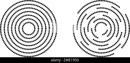 Kreisförmige Symbole für Welligkeit. Konzentrische Kreise mit ganzen und unterbrochenen gestrichelten Linien. Wirbel, Whirlpool, Vortex, Sonarwelle, Schallwelle, sunburst, Signalzeichen Stock Vektor
