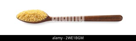 Holzlöffel mit Hirsegrieß isoliert auf weiß Stockfoto