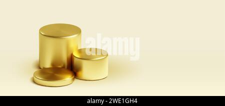 Goldene 3D-Zylinder auf beigefarbenem Hintergrund. Vektor-realistische Illustration von gelben Metallpodien für Luxusproduktausstellung, Bannerdekoration mit g Stock Vektor