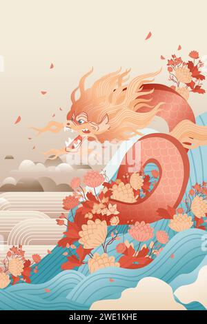 asiatische Drachen Tierkreiszeichen chinesisches Neujahrsfest 2024 Banner Mondgrußkarte Stock Vektor