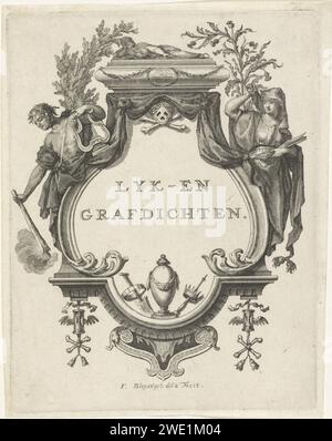 Titelseite für Grabgedichte mit Trauerfiguren, Francois van Bleyswijck, 1706 - 1746 drucken Zierende Titelseite für Trauer- und Grabgedichte. In der Mitte über einem Schädel. Links ein Mann mit der Fackel, rechts eine trauernde Frau mit einem Buch in der Hand. Das Ornament ist mit einem Sarg gekrönt. Am Boden der geflügelten Sanduhren und Knochen. Leiden Papierätzbrenner - BB - Taschenlampe auf dem Kopf gehalten (+ löschend; erlöschtes Licht, Lampe, Kerze). Trauerkleid. Sanduhr. Kopf des Todes, Schädel (Symbol des Todes) Stockfoto