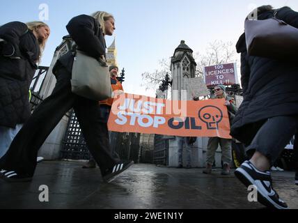 Demonstranten halten Plakate hoch und stehen hinter einem „Just Stop Oil“-Banner während der Demonstration vor den Toren des Parlaments. Umweltschützer versammeln sich vor den Houses of Parliament, um gegen das Offshore Licensing Bill zu protestieren. Das Gesetz erhält seine zweite Lesung heute (22. Januar 2024), wenn es verabschiedet wird, wird das Offshore Petroleum Licensing Bill es Unternehmen erlauben, sich jedes Jahr um neue Lizenzen für die Nordsee zu bewerben. Die Behörden haben bereits angekündigt, mehr als 100 neue Öl- und Gaslizenzen in der Nordsee zu vergeben. Stockfoto