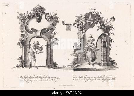 Tore mit einem Koch und einer Frau, Johann Esaias Nilson, ca. 1731 - 1788 Druck links unter einem Rocaillettor mit Grapesros ist ein Koch, er rührt in einem Teller mit Essen. Direkt unter einem Rocaillentor mit Bierkrug ist eine Frau mit einem Haufen Schlüssel. Der Name des Cafés, Georg Gutbier, ist auf dem Schild zu lesen. Am unteren Rand zwei Spalten mit zweizeiligem deutschem Text. Veröffentlichungsnummer VII Augsburger Restaurant für Papierätzung/Gravur. Kochen Stockfoto