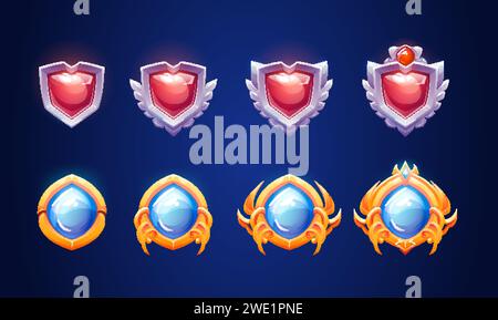 Abzeichen mit Diamant in Silber und goldenem dekorativem Rahmen für die spieloberflächenstufe. Cartoon Vektor Set der Evolution des mittelalterlichen Schmuckmedaillons mit ge Stock Vektor