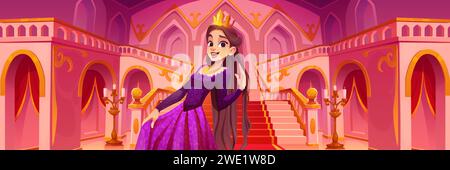 Prinzessin mit langen braunen Haaren und Krone in der Schlosshalle mit Treppe. Märchenhafter Palast mit fröhlich lächelnder weiblicher königlicher Person in langem Kleid. Mittelalterliches Fantasy-Königreich Flur mit Leiter. Stock Vektor
