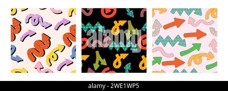 Naive verspielte Pfeilzeiger nahtloses Muster mit Vektorstruktur im trendigen Retro-Stil. Y2K-Ästhetik. Dynamische Pfeilzeichen für Design. Stock Vektor
