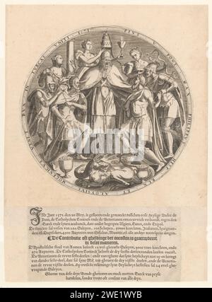 Allianz von Papst Pius V., Philipp II. Und Doge Mocenigo gegen die Türken, 1571, Anonym, 1571 Print Rundschau, in der Papst Pius V. am 20. Mai 1571 eine Allianz mit dem spanischen König Philipp II. Und dem venezianischen Dogen Alvise I. Mocenigo schloss, um gemeinsam gegen die Türken vorzugehen. Im Hintergrund die Personifizierungen von Standhaftigkeit, Glauben und Vorsicht. Im Vordergrund ein Drache (die Türken) zwischen drei Töpfen mit Münzen. Kante in lateinischer Sprache. Ein Text mit Details der Allianz, auf Niederländisch, unter dem Druck. Niederlande Papiergravur / Buchdruck Allianz, Liga, union, foedus. Stockfoto