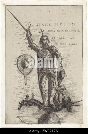 Michaël beats de Draak, Arnoud Schaepkens, nach Maarten van Rode, 1831–1904 Druck auf die Statue von Maarten van Rode von 1455 auf dem Streiker des Rathauses von Brüssel. Papier. Der Erzengel Michael kämpft gegen den Drachen (Teufel, Satan) Brüssel Stockfoto
