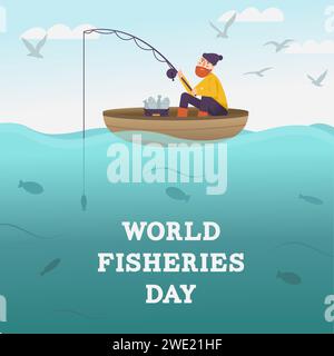 Welttag Der Fischerei. Fischer mit Angelrute auf dem Boot am Meer. Fischer fangen Fische. Fische unter Wasser und Möwen am Himmel. Karte oder Poster mit ca. Stock Vektor