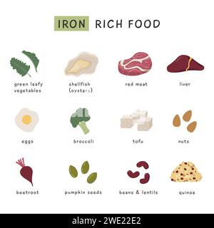 Sammlung eisenhaltiger Lebensmittel. Rotes Fleisch, Leber, Meeresfrüchte, Ei, Bohnen und Nüsse. Diätetische organische Ernährung. Informationen zu verschiedenen gesunden Produkten Stock Vektor