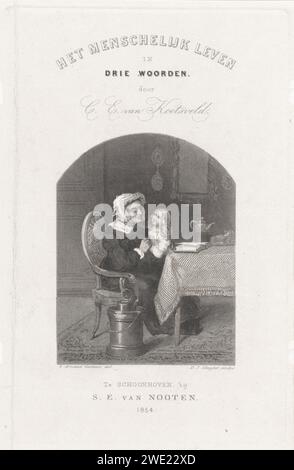 Großmutter mit Kind, Dirk Jurriaan Sluyter, nach Johannes Christiaan d’Arnaud Gerkens, 1854 Druck eine ältere Frau mit Spitzenhut hält die Hand des Mädchens auf ihrem Schoß. Auf dem Tisch vor ihr steht eine Kaffeekanne mit begleitendem Service. Es gibt ein offenes Buch. Auf dem Boden befindet sich ein Eintopf mit einem Teekessel. Über dem Bild der Titel und Autor des Buches, unter dem Impressum. Druckerei: AmsterdamVerlag: Schoonhoven Papierätzung / Gravur Großeltern mit Enkelkind(en) (Familiengruppe). Tee- und Kaffeeservice. Tee- und Kaffeeservice. Buch - MM - Buch geöffnet. Kopfteil: Kappe (+ Spitze u Stockfoto