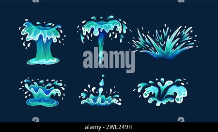 Wasserspritzer Formen Farbvektor Symbol groß Set. Natürliche Wasserläufe. Fließendes und spritzendes flüssiges Illustrationspaket auf dunklem Hintergrund Stock Vektor