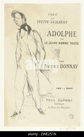 Cover für das Musikmagazin Adolphe ou le Jeune Homme Triste mit einem jungen Mann in langer Jacke und französischem Text, Henri de Toulouse-Lautrec, 1894 Cover für Noten Adolphe ou le Jeune Homme Triste mit einem jungen Mann im langen Mantel und französischem Text. Auf der Innenseite des gefalteten Blattes sind die Blattmusik und der Text des Liedes gedruckt. Auf der Rückseite befindet sich eine Liste der Ausgaben von Paul Dupont. Pariser Papierjugend, Jugendlicher Stockfoto