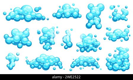 Cartoon Shampoo Schaum Set. Seifenblasen und Dampf, Shampoo-Schaum und -Blasen in der Dusche, Blasenschaum und Dampf in Wasser. Vektor farbig isoliert Stock Vektor