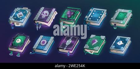 Cartoon Fantasy-Bücher. Zauberalchemie Hexerei Grimoire, alte mystische Bücher mit glühendem Cover, magische esoterische Geschichte. Vektor-isolierter Satz Stock Vektor