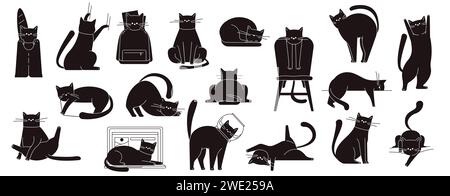 Schwarze Katzenpositionen. Niedliches Kätzchen sitzend und gehend, lustige flauschige Hauskatzen in verschiedenen Posen und Positionen. Vektor Cartoon Katzen isoliert Set Stock Vektor