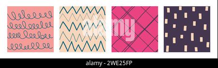 Einfache Geometrische, Handgezeichnete Unregelmäßige Muster. Niedliche farbige, karierte Zeichnung mit Texturen, Linien, Punkten und Squiggles. Quadratisches Poster Stock Vektor