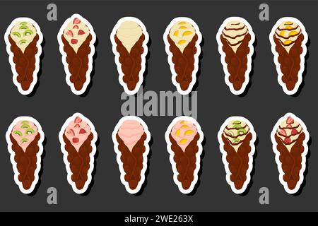 Illustration zum Thema Big Kit verschiedene Arten Kegelwaffel mit Blasen für Dessert Kekse, Waffel bestehend aus leckeren kegelförmigen Keksen in Blasen, Stock Vektor
