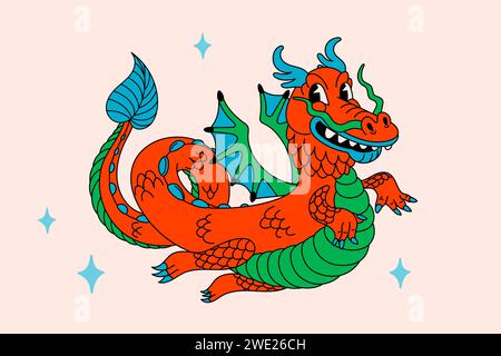 Chinesischer Drache, 2024 Jahre Mondsymbol. Chinesisches Neujahrsplakat mit fliegendem Drachen. Groovige Zeichentrickvektor-Illustration Stock Vektor