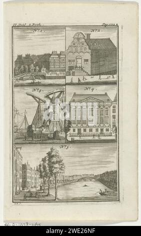 Verschiedene Gebäude und Gesichter in Amsterdam, Anna Folkema, 1723 drucken drei nummerierte Gebäude und Gesichter in Amsterdam: Stadsartillerie und Korenhuizen, Immobilienagentur am Nieuwezijds Voorburgwal, Schiffskrane am IJ, Trippenhuis, Blick auf die Goldene Schlaufe der Herengracht. Die Gebäude und Flächen sind auf dem entsprechenden Textblatt mit einer Erläuterung versehen. Links und rechts oben drucken mit: ii. Teil. 3. Buch - Pag: 122*. Papiergravur der Bürgerarchitektur; Gebäude; Wohnungen. Stadtblick im Allgemeinen; „Veduta“ Stadtartilleriehäuser. Lagerhäuser im Zentrum der Stadt. Nieuwezijds Voorburgwal. Ij. Stockfoto