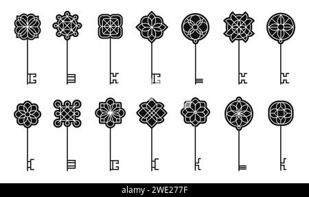 Sammlung schwarzer Tasten. Vintage-Schlüsselsilhouetten in Zeichentrickfarben, altmodische Schlüsselformen und -Formen für das Logo-Design. Vektor-isolierter Satz Stock Vektor