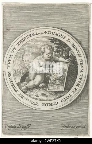 Putto mit Tablette, Crispijn van de Passe (I), 1594 gedrucktes Medaillon mit einem Putto, das eine Tablette mit dem barmherzigen Samariter hält. Im Hintergrund Moses, der die Tabellen des Gesetzes von Gott empfängt. Der Abdruck hat einen Rahmen mit einem Bibelzitat von Luc. 10 auf Lateinisch. Kölner Papierstich Engel(n) dargestellt als Kind(e). Ein Samariter, der die Wunden des Reisenden pflegt. Mose empfängt die Tabellen des Gesetzes von Gott Stockfoto