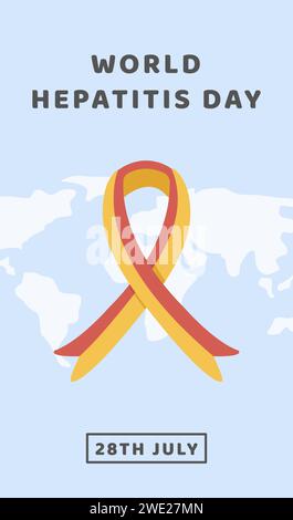 World Hepatitis Day. Vertikales Banner, Post in sozialen Medien oder Vorlage für soziale Medien mit Weltkarte. Medizinisches Poster mit rot-gelb gefärbtem Band Stock Vektor