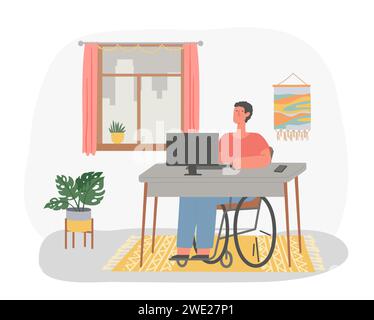 Behinderter Mann im Rollstuhl, der zu Hause am Computer arbeitet. Freiberuflicher Mitarbeiter, der am Schreibtisch vor dem Desktop-Computer sitzt Stock Vektor