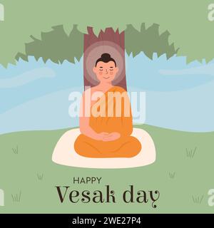 Alles Gute zum Vesak-Tag. Das Sanskrit-Übersetzungsfest der Buddhageburt. Niedlicher Lord Buddha in gelbem Gewand, der unter Bodhi-Baum in Lotushaltung meditiert. Buddhistisch Stock Vektor