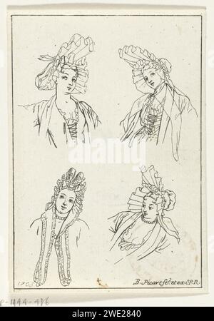 Vier Frauenköpfe in verschiedenen Positionen, mit Fontange, Bernard Picart, 1703 Druck Paris Papier Ätzkopf (menschlich). Friseurstile - AA -  Frauen. Kopfbedeckung: Fontange (+ Damenkleidung) Stockfoto