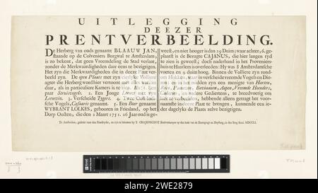 Erläuterung des Druckes der Menagerie van Blaauw Jan, 1751, 1751 Textblatt mit der Erläuterung des Druckes mit der Menagerie im Innenhof des gasthauses von Jan Berentsz Westerhof oder Blaauw Jan auf dem Kloveniersburgwal in Amsterdam 1751. Amsterdam Papier Buchdruck Kloveniersburgwal Stockfoto