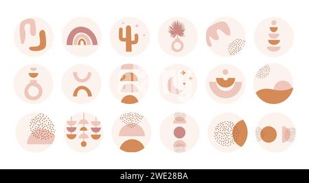 Bohemian Summer Set mit abstrakter Story-Highlight-Cover. Trendige, handgezeichnete Boho-Formen kritzeln in modernem Stil. Moderner Vektor rund um soziale Medien Stock Vektor