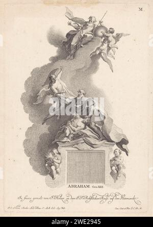 Prüfung von Abraham, Johann Esaias Nilson, nach Johann Evangelist Holzer, 1765–1770 Druck der Prüfung von Abraham. Abraham ist dabei, seinen Sohn Isaak zu opfern, aber ein Engel zieht seine Hand zurück und zeigt nach oben. Da erscheinen Gott, der Vater, und zwei Putten auf Wolken. Es gibt zwei Putten mit einem Opferlamm und Opfer. Augsburger Papierätzung / Gravur als Abraham seine Hand hochhebt, um Isaac zu töten, hält ein Engel Abraham die Hand zurück. Gott, der Vater Stockfoto