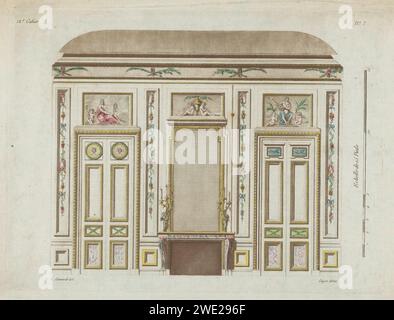 Kammerwand mit Schouw, Anonym, nach L. Janneret, 1788 drucken Eine Zimmerwand mit Kamin mit Spiegel und zwei dreiarmigen Kerzenleuchtern mit Putten. Links und rechts verzierte Türen und auf den oberen Verkleidungen mit Putten und Frauen. Papierätzung im Inneren des Hauses. Offener Herd, Kamin Stockfoto