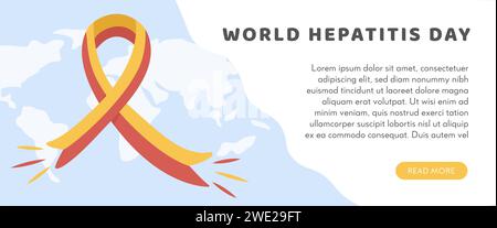 Konzept der Hepatitis A, B, C, D, Zirrhose, der Welttag der Hepatitis. Web Horizontal Banner Vorlage mit Weltkarte, Virus und farbigem roten und gelben Band Stock Vektor