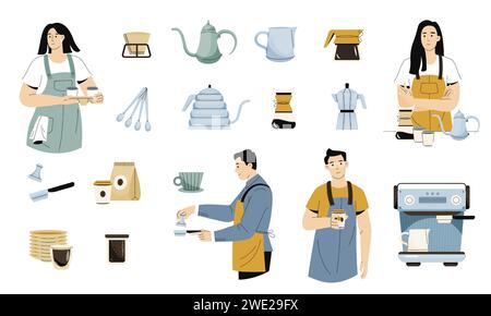 Barista mit Ausrüstung. Café-Mitarbeiter bereiten Kaffee und andere Getränke zu, Café- und Café-Figuren mit Tassen-Geräten. Vektorsatz Stock Vektor