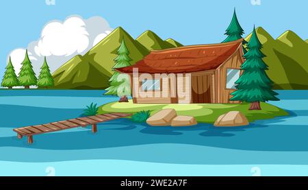Vektor-Illustration einer Hütte an einem Bergsee. Stock Vektor