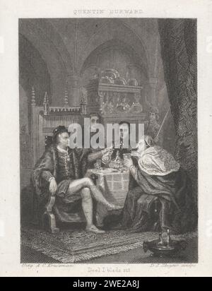 Gesellschaft am Tisch, Dirk Jurriaan Sluyter, in oder vor 1855 drucken Ein Adliger auf einem reich verarbeiteten Stuhl zahlt einen Kardinalwein. Sie sitzen an einem Tisch mit Gläsern und Weinkühler. Es gibt einen zweiten Weinkühler auf dem Boden. Zwei Männer beobachten von der anderen Seite des Tisches. Über dem Bild der Titel des Buches, unter einem Verweis auf die Seite, auf der die Abbildung gehört. Druckerei: AmsterdamVerlag: Haarlem Papierätzung / Gravur Weinkühler Stockfoto