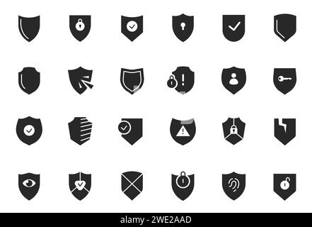 Sicherheitsschildsymbole. Web-Symbole für das Versicherungs- und Schutzsystem für Schloss, Schlüssel, Code, Schlüsselloch und Vorhängeschloss. Vektorsatz Stock Vektor