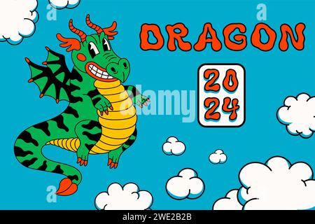 Chinesischer Drache, 2024 Jahre Mondsymbol. Chinesisches Neujahrsplakat mit fliegendem Drachen. Groovige Zeichentrickvektor-Illustration Stock Vektor
