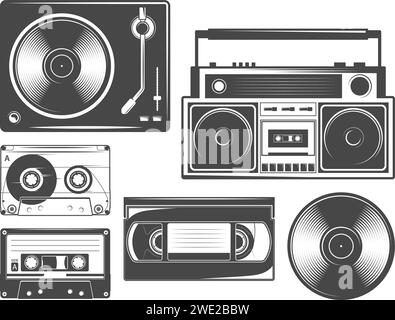 Set mit Vintage-Kassetten, Vinyl, Blockflöten und Players Illustrationen Stock Vektor