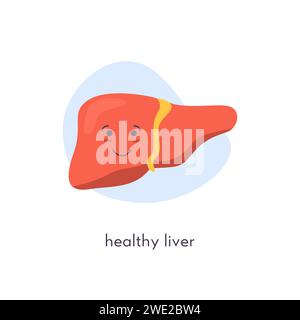 Gesunder süßer Lebercharakter. Glückliches lächelndes Kawaii-Symbol des menschlichen Organs auf Blob-Hintergrund. Vektor-Illustration in flachem Zeichentrickstil isoliert auf weiß Stock Vektor